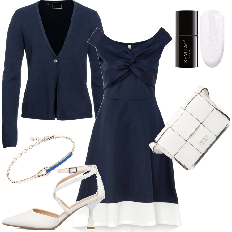 Outfit donna - Misto anni 50 e casual moderno. Stile Vintage retrò per Serata fuori. Abbinamento con cardigans, vestiti, braccialetti, décolleté, borse a tracolla, smalti.