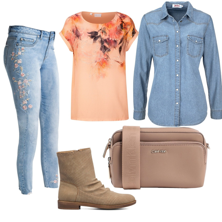 Outfit donna - Primavera casual. Stile Casual per Tutti i giorni. Abbinamento con jeans, camicie, bluse, borse a tracolla, stivaletti.