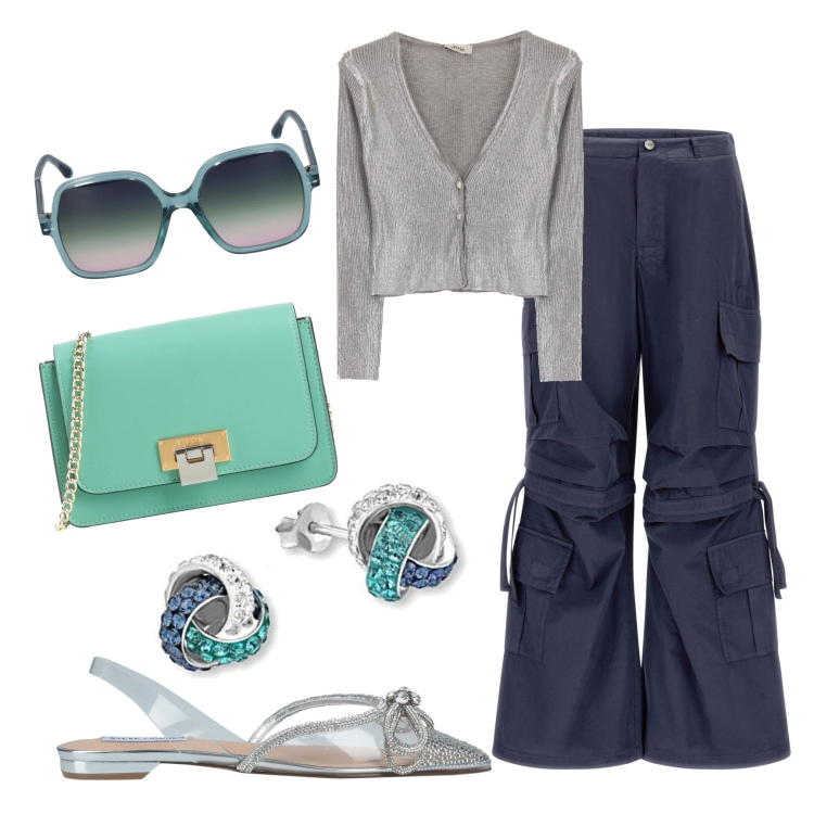 Outfit donna - L\'importanza degli accessori. Stile Casual chic per Tutti i giorni. Abbinamento con ballerine, borse a tracolla, pantaloni cargo, cardigans, orecchini, occhiali da sole.