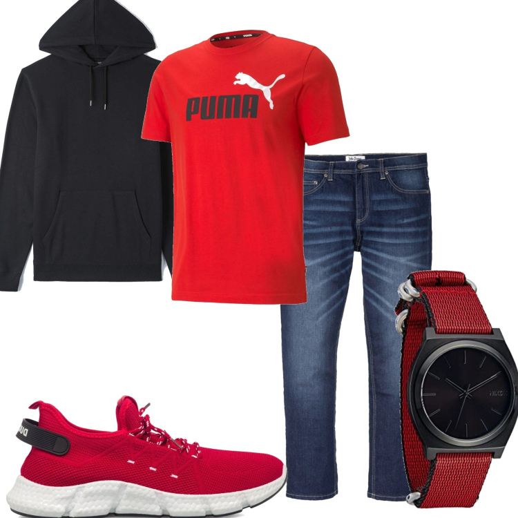 Outfit uomo - Jeans maglietta e felpa. Stile Urban per Tutti i giorni. Abbinamento con jeans dritti, felpe con cappuccio, t-shirt, sneakers, orologi.