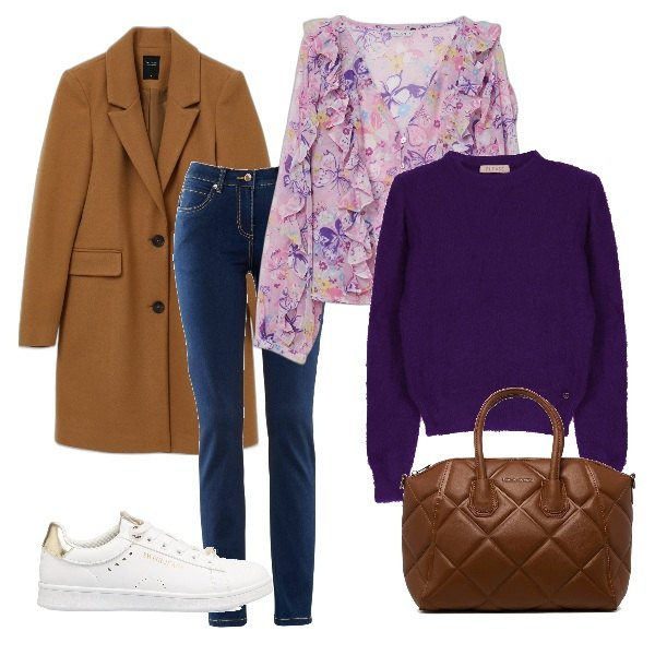 Outfit donna - La donna romantica. Stile Romantica per Ufficio. Abbinamento con jeans dritti, maglieria, camicie, cappotti, sneakers, borse a mano.