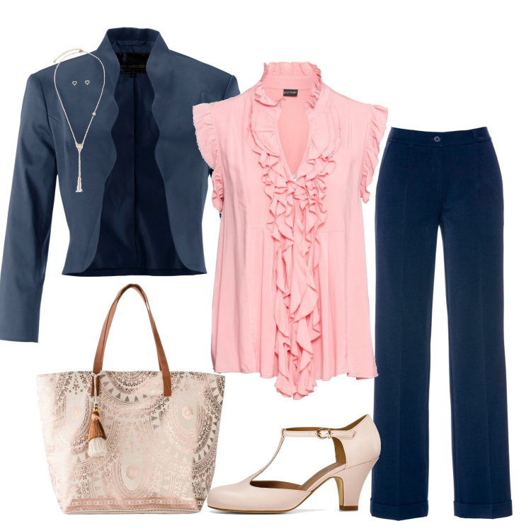 Outfit donna - Blu e rosa per la primavera BonPrix. Stile Casual chic per Cerimonia. Abbinamento con pantaloni, maglieria, blazer, décolleté, collane, shopping bag.