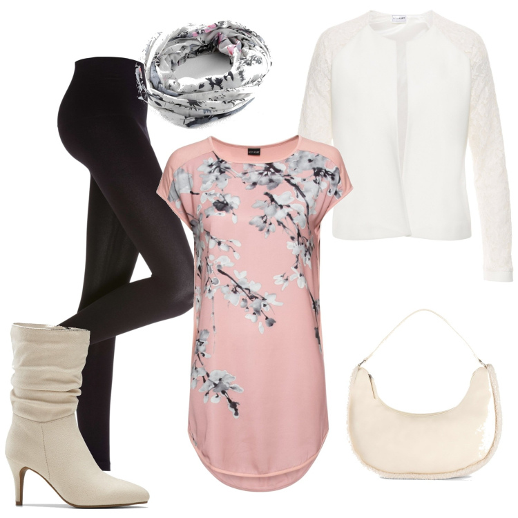 Outfit donna - Fiori di primavera BonPrix. Stile Casual chic per Tutti i giorni. Abbinamento con leggings, maglieria, blazer, stivali, borse a mano, foulard.