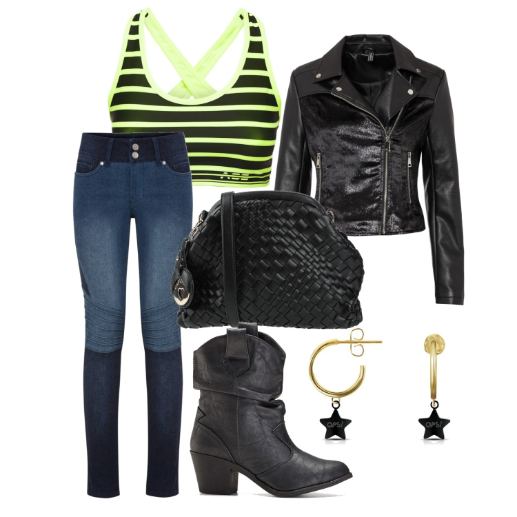 Outfit donna - Il top sotto il biker. Stile Trendy per Tutti i giorni. Abbinamento con stivaletti texani, jeans skinny, giacche, borse a tracolla, orecchini, top.