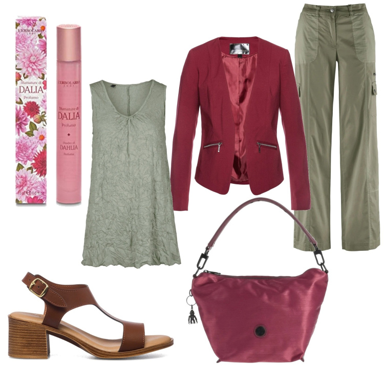Outfit donna - Fiore Dalia. Stile Casual per Tutti i giorni. Abbinamento con pantaloni cargo, blazer, top, borse a mano, sandali in pelle, profumi.