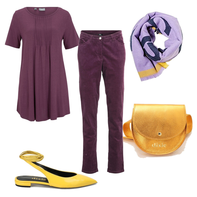 Outfit donna - Borsa oro. Stile Casual per Tutti i giorni. Abbinamento con t-shirt, pantaloni, sandali, marsupi, sciarpe.