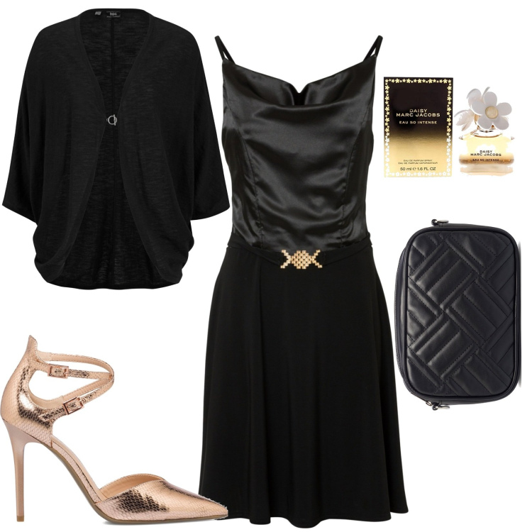 Outfit donna - Serata black Low cost. Stile Casual chic per Serata fuori. Abbinamento con cardigans, vestiti, décolleté, borse a tracolla, profumi.