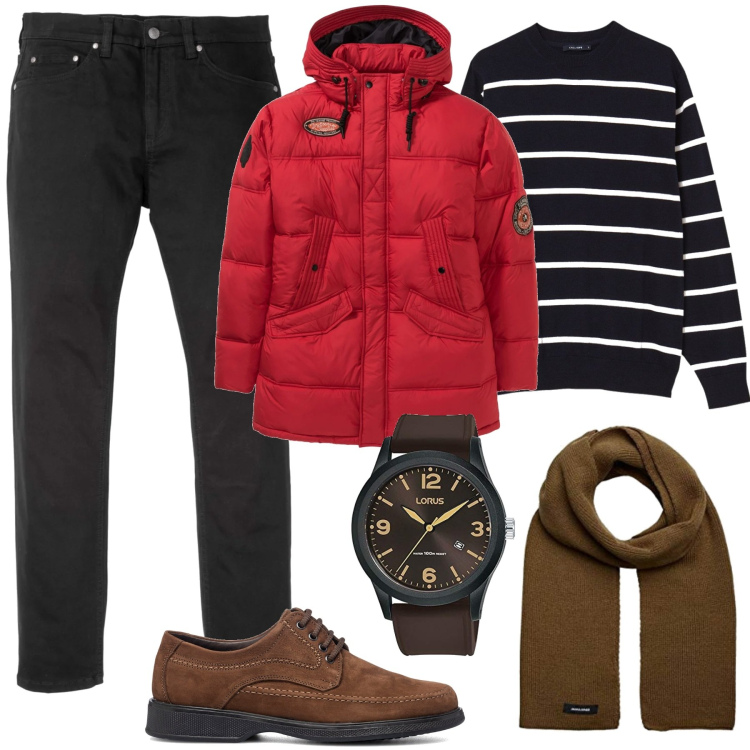 Outfit uomo - Una serata in pizzeria. Stile Urban per Tutti i giorni. Abbinamento con jeans slim fit, cappotti, maglieria, scarpe stringate, orologi, sciarpe.