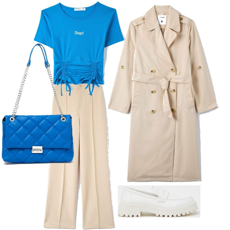Outfit donna - Primavera - estate Terranova. Stile Casual per Tutti i giorni. Abbinamento con pantaloni, trench, t-shirt, mocassini, borse a spalla.