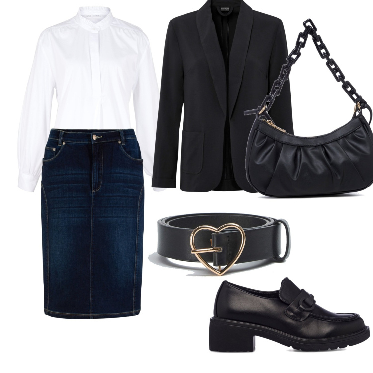 Outfit donna - La gonna denim midi. Stile Casual chic per Tutti i giorni. Abbinamento con gonne, camicie, blazer, cinture, mocassini, borse a mano.