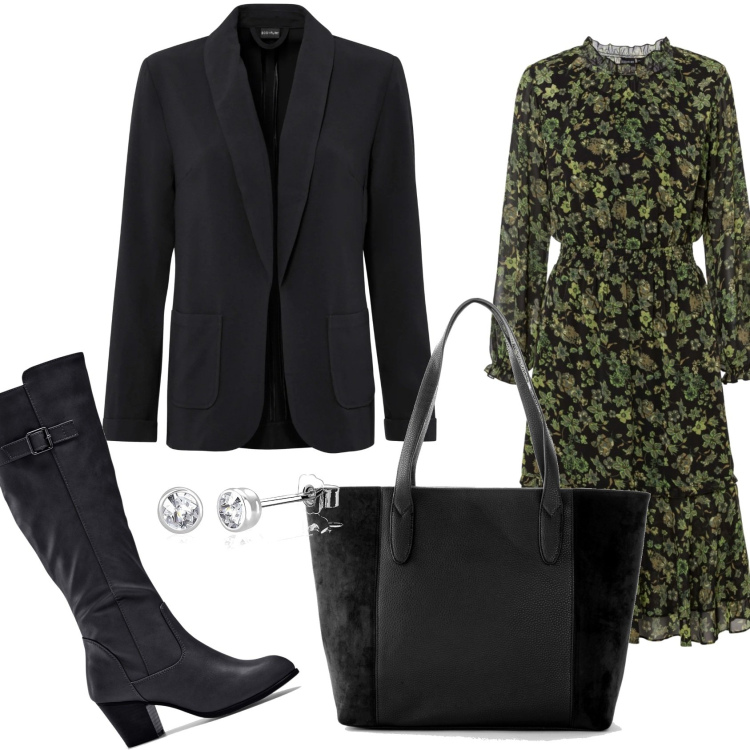 Outfit donna - Vestito fiorato e giacca. Stile Casual chic per Tutti i giorni. Abbinamento con stivali, shopping bag, vestiti corti, blazer, orecchini.