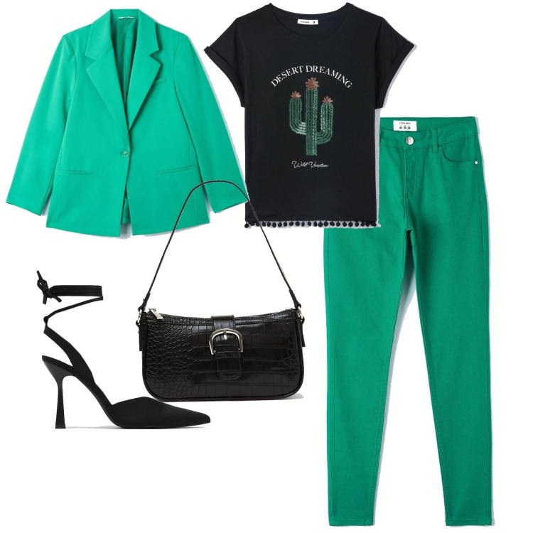 Outfit donna - Primavera estate Terranova. Stile Casual chic per Tutti i giorni. Abbinamento con pantaloni skinny, t-shirt, blazer, décolleté, borse a spalla.