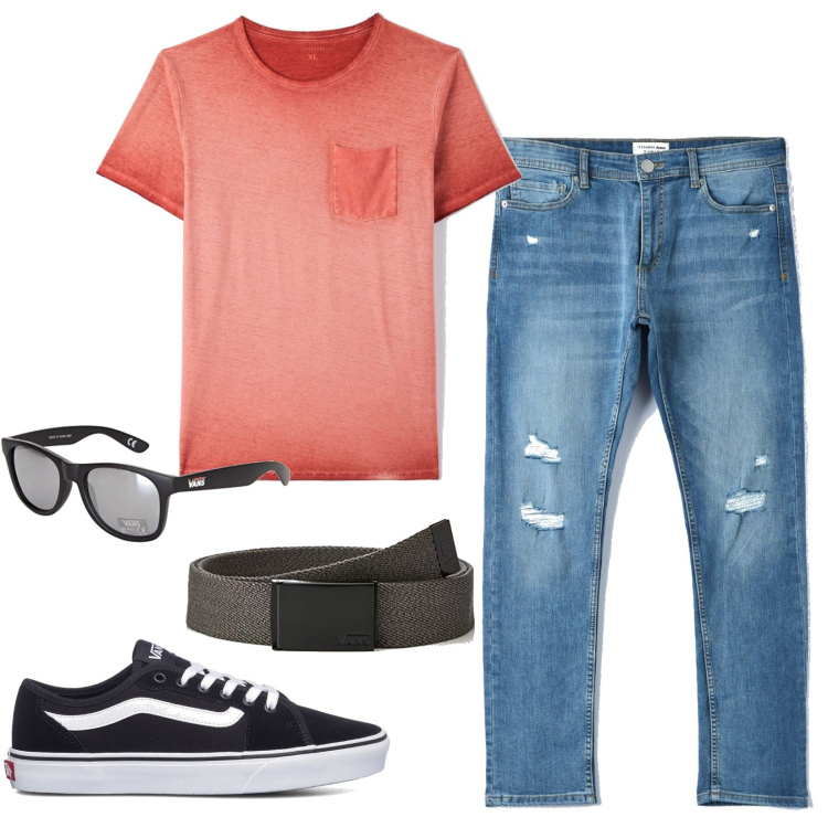 Outfit uomo - Sognando l\'estate con Vans. Stile Urban per Tutti i giorni. Abbinamento con t-shirt, jeans, sneakers, cinture, occhiali da sole.