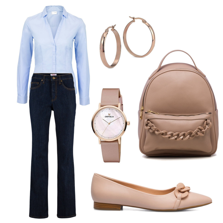 Outfit donna - Outfit- pranzo informale. Stile Minimal per Tutti i giorni. Abbinamento con camicie, jeans, orecchini, ballerine, zaini, orologi analogici.
