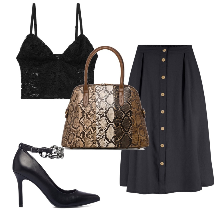 Outfit donna - Trendy #6204. Stile Trendy per Serata fuori. Abbinamento con gonne longuette, top, décolleté, borse a mano.
