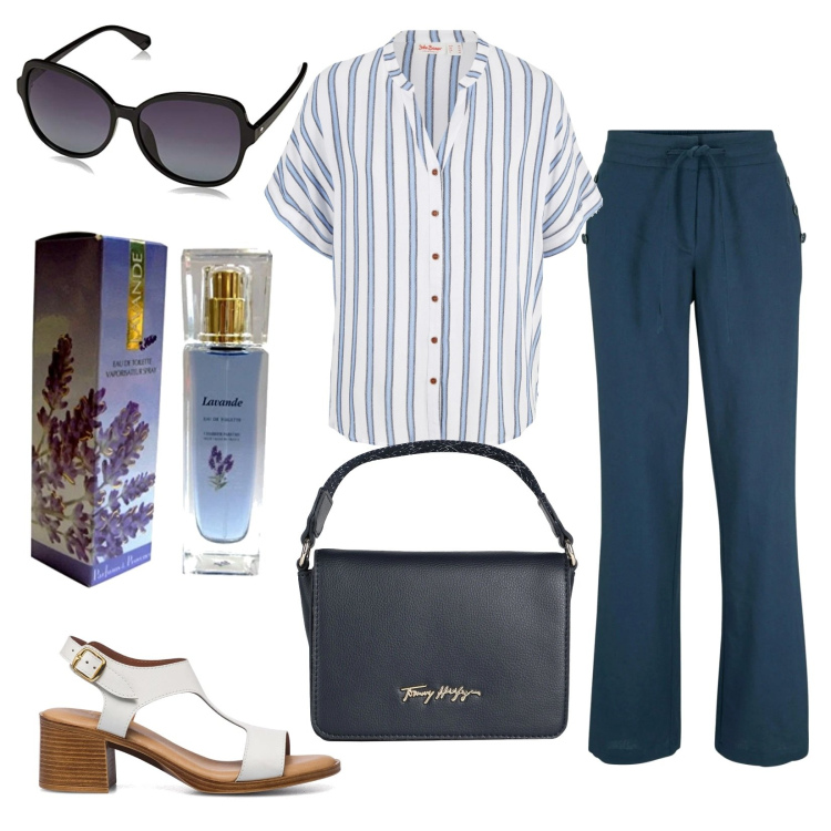 Outfit donna - Notte di lavanda. Stile Casual per Tutti i giorni. Abbinamento con camicie, pantaloni, borse a mano, sandali in pelle, profumi, occhiali da sole.