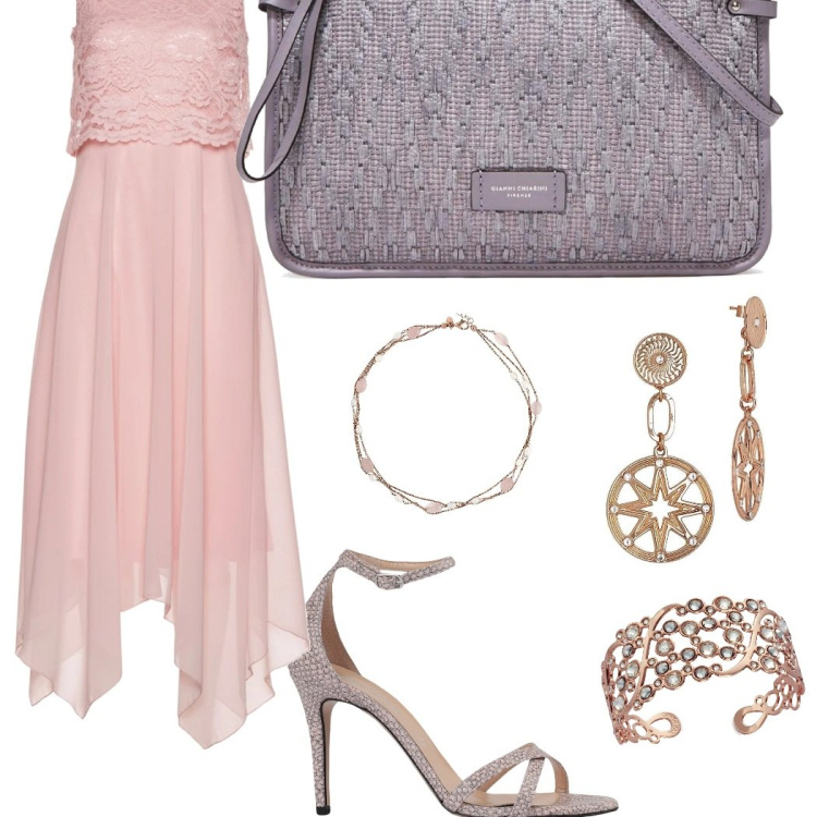 Outfit donna - Bella col.rosa. Stile Romantica per Cerimonia. Abbinamento con vestiti midi/longuette, sandali col tacco, orecchini, collane, braccialetti, clutch.