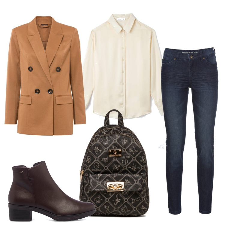 Outfit donna - In ufficio in jeans e giacca. Stile Casual per Ufficio. Abbinamento con jeans skinny, blazer, camicie, stivaletti, zaini.