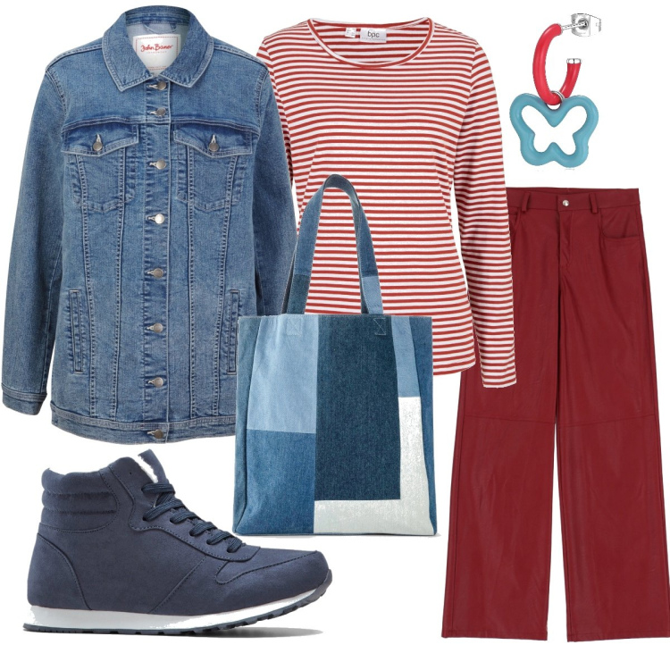 Outfit donna - Il giubbino oversize di jeans. Stile Trendy per Tutti i giorni. Abbinamento con blazer, sneakers alte, shopping bag, maglieria, orecchini, pantaloni.