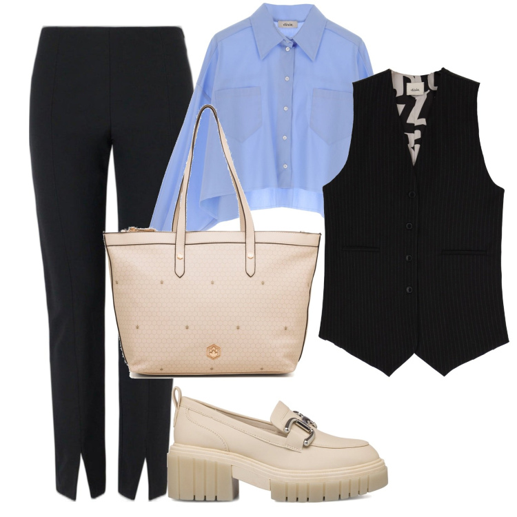 Outfit donna - Gilet e stringate. Stile Casual chic per Tutti i giorni. Abbinamento con pantaloni skinny, gilet, camicie, mocassini, borse a spalla.