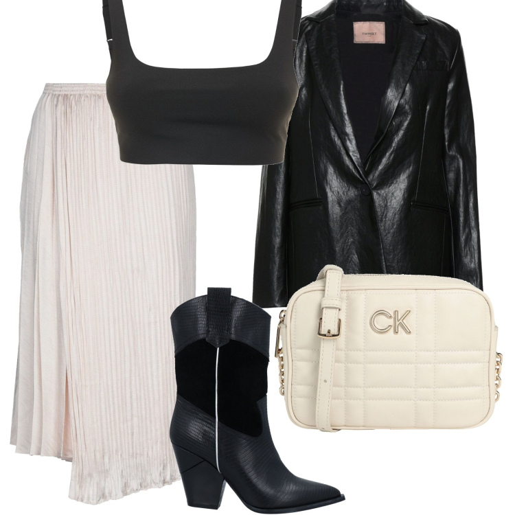 Outfit donna - Camperos e CK. Stile Casual chic per Tutti i giorni. Abbinamento con stivaletti, blazer, gonne longuette, borse a tracolla, top.