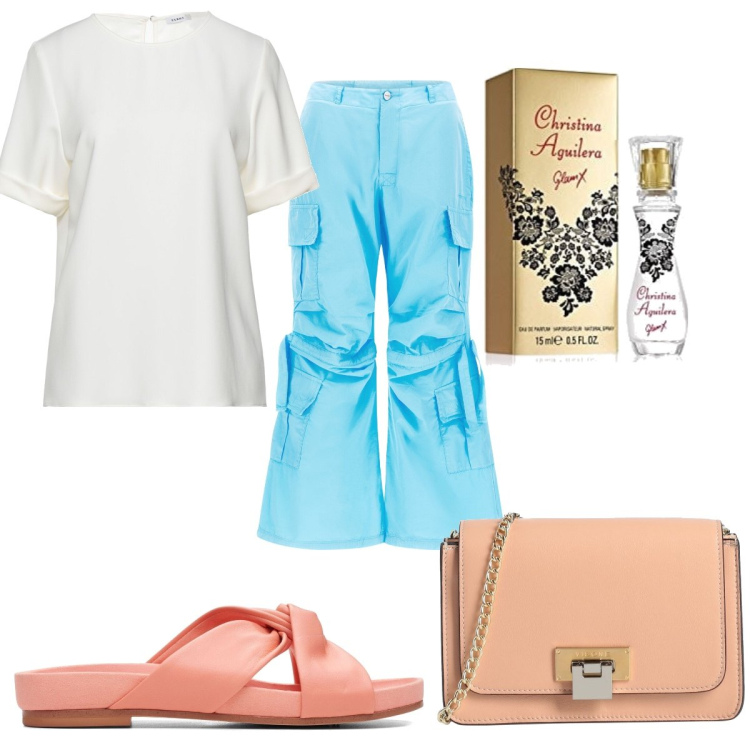 Outfit donna - Trendy #6222. Stile Trendy per Tutti i giorni. Abbinamento con bluse, borse a tracolla, pantaloni cargo, sandali in pelle, profumi.