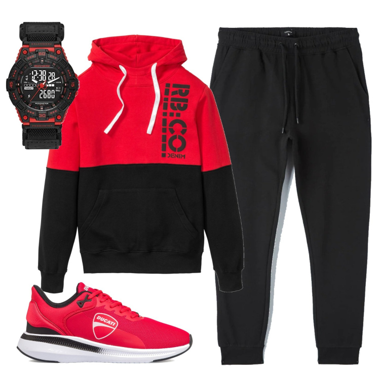 Outfit uomo - Comodo in nero e rosso. Stile Urban per Tutti i giorni. Abbinamento con felpe con cappuccio, pantaloni skinny, sneakers, orologi.