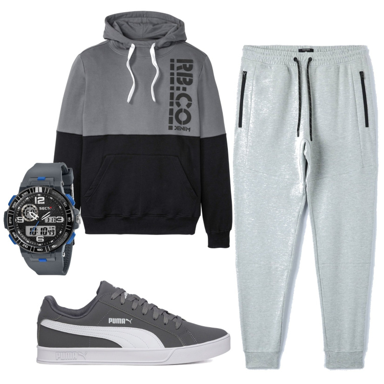 Outfit uomo - Grigio. Stile Urban per Tutti i giorni. Abbinamento con felpe con cappuccio, pantaloni, orologi digitali, sneakers.