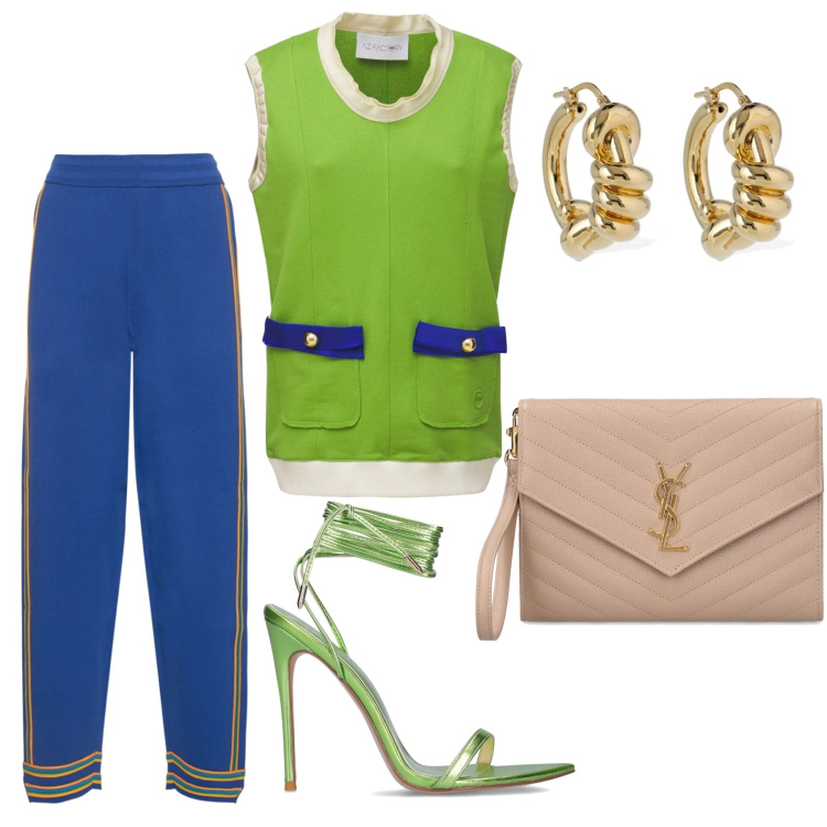 Outfit donna - Verde e blu. Stile Glamour per Serata fuori. Abbinamento con top, pochette, pantaloni, sandali in pelle, orecchini.