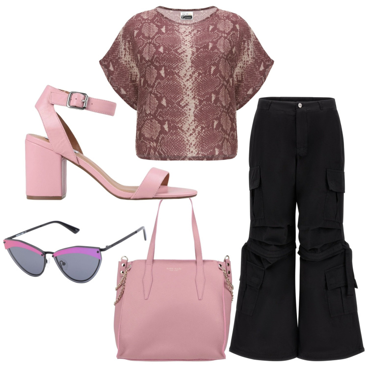 Outfit donna - I cargo con i sandali. Stile Sporty chic per Tutti i giorni. Abbinamento con borse a mano, sandali col tacco, occhiali da sole, pantaloni cargo, maglieria.
