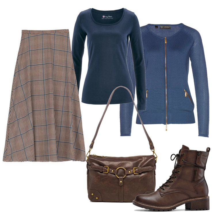 Outfit donna - Gonna lunga a quadri. Stile Casual per Tutti i giorni. Abbinamento con maglieria, stivaletti, cardigans, borse a spalla, gonne longuette.