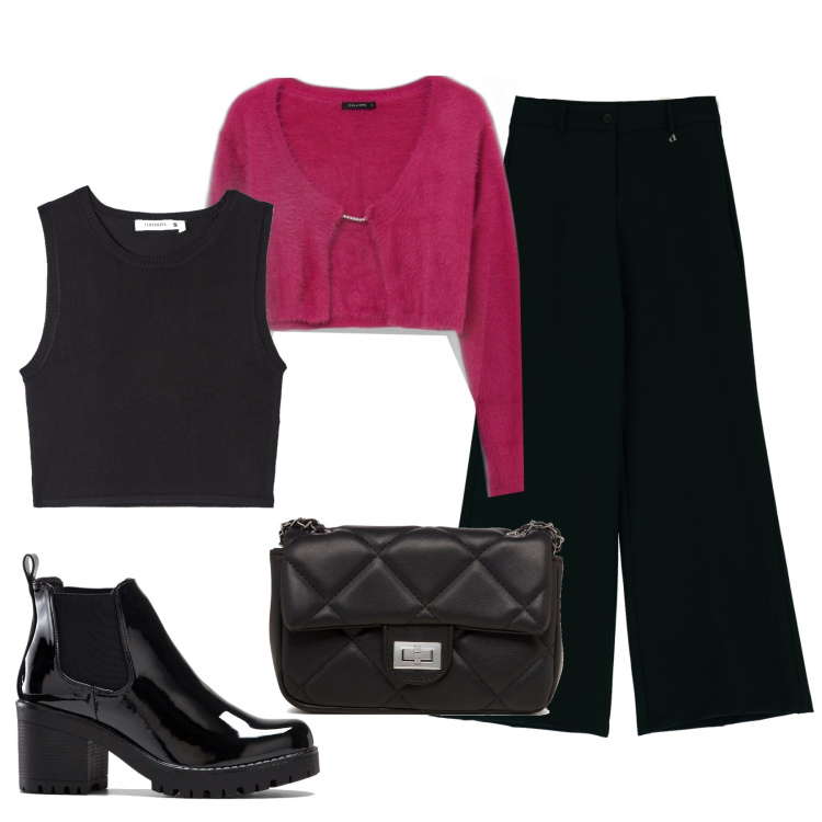 Outfit donna - Ufficio casual. Stile Casual per Ufficio. Abbinamento con stivaletti, top, cardigans, pantaloni, borse a tracolla.