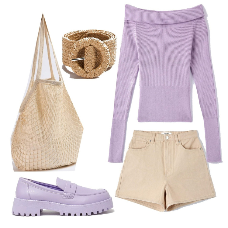Outfit donna - Il lLilla che fa primavera. Stile Basic per Scuola/Università. Abbinamento con maglieria, borse a spalla, shorts, cinture, mocassini.