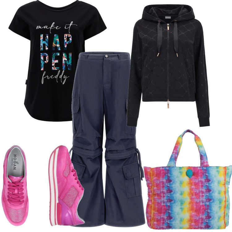 Outfit donna - Cargo e pastello. Stile Sporty chic per Tutti i giorni. Abbinamento con sneakers, borse a mano, pantaloni cargo, t-shirt, felpe con cappuccio.