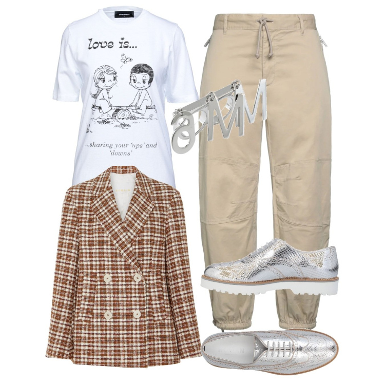 Outfit donna - Stampa e cargo. Stile Urban per Tutti i giorni. Abbinamento con scarpe stringate, anelli, pantaloni cargo, t-shirt, blazer.