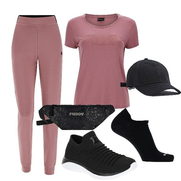 Outfit donna - Primavera con Freddy. Stile Sporty chic per Sport. Abbinamento con cappelli con visiera, calzini, pantaloni, sneakers, t-shirt, marsupi.