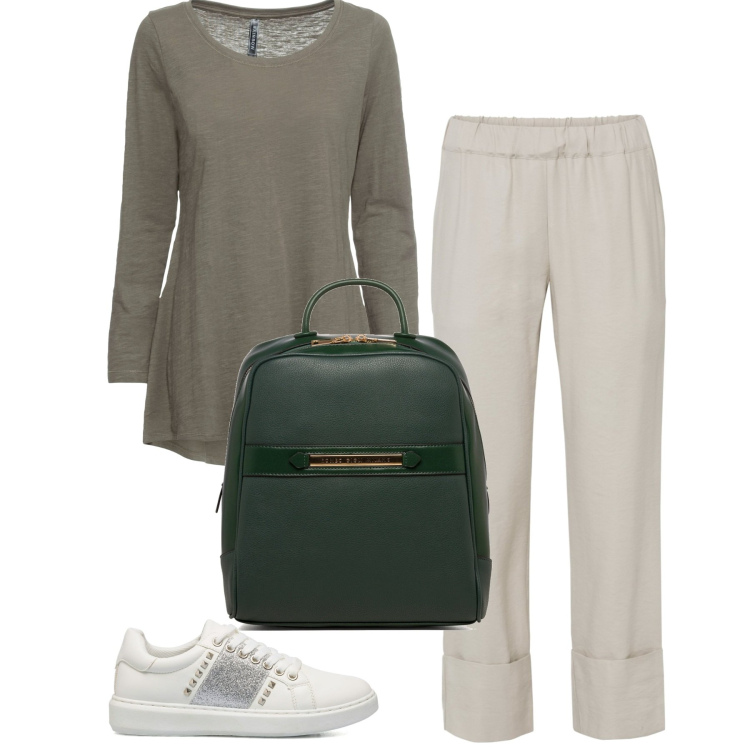 Outfit donna - Basic. Stile Basic per Ufficio. Abbinamento con maglieria, pantaloni capri, zaini, sneakers.