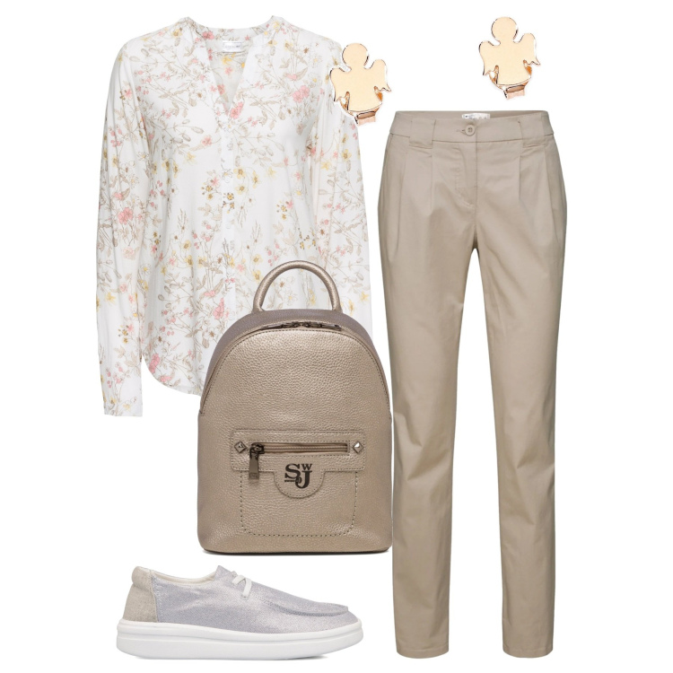 Outfit donna - Mille impegni. Stile Basic per Tutti i giorni. Abbinamento con pantaloni chino, camicie, orecchini, zaini, scarpe stringate.