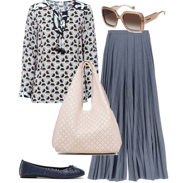 Outfit donna - Una domenica di primavera. Stile Casual chic per Tutti i giorni. Abbinamento con ballerine, bluse, pantaloni a palazzo, borse a spalla, occhiali da sole.