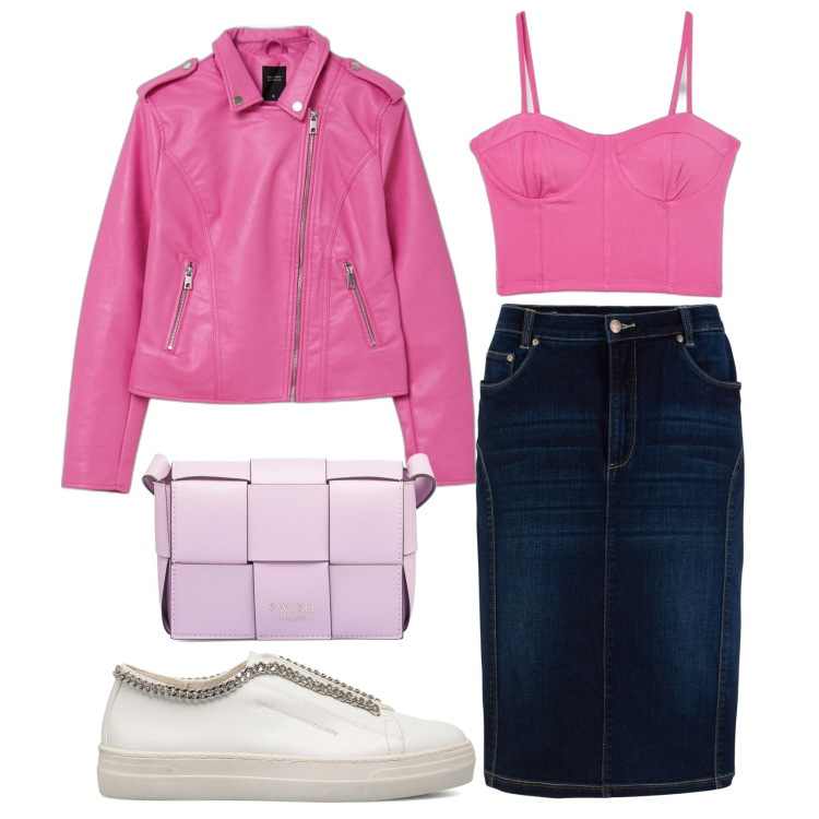 Outfit donna - La primavera è rosa Bubbles. Stile Trendy per Tutti i giorni. Abbinamento con gonne, top, giacche, sneakers, borse a tracolla.