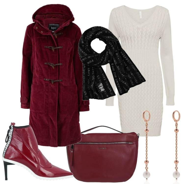 Outfit donna - Amaranto. Stile Trendy per Serata fuori. Abbinamento con montgomery, vestiti, stivaletti, borse a mano, orecchini, sciarpe.