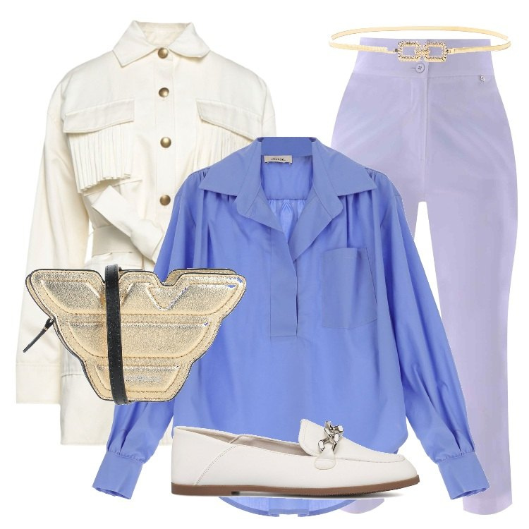 Outfit donna - Pensieri dorati. Stile Trendy per Tutti i giorni. Abbinamento con blazer, borse a tracolla, camicie, cinture, pantaloni, mocassini.