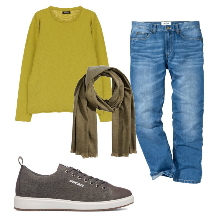 Outfit uomo - Total look #1565421. Stile Casual per Tutti i giorni. Abbinamento con jeans dritti, maglieria, sneakers, sciarpe.