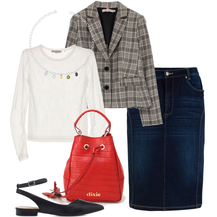 Outfit donna - Gonna in jeans. Stile Urban per Tutti i giorni. Abbinamento con gonne, maglieria, giacche, borse a secchiello, ballerine, collane.
