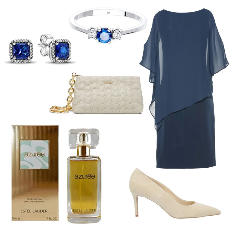 Outfit donna - Meravigliosa con strass. Stile Glamour per Cerimonia. Abbinamento con vestiti a tubino, décolleté, clutch, profumi, orecchini, anelli.