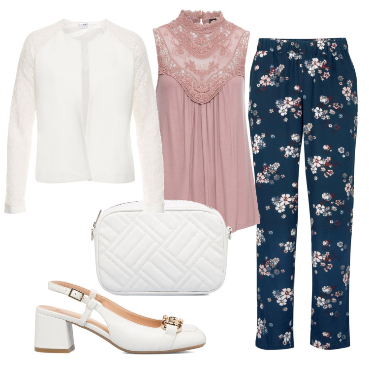 Outfit donna - Fresca primavera. Stile Casual chic per Tutti i giorni. Abbinamento con pantaloni, top, blazer, décolleté, borse a tracolla.