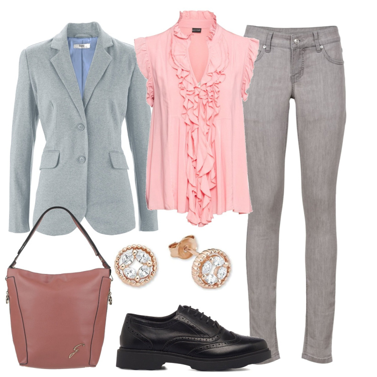 Outfit donna - Ufficio. Stile Basic per Ufficio. Abbinamento con jeans skinny, maglieria, blazer, borse a mano, scarpe stringate, orecchini.