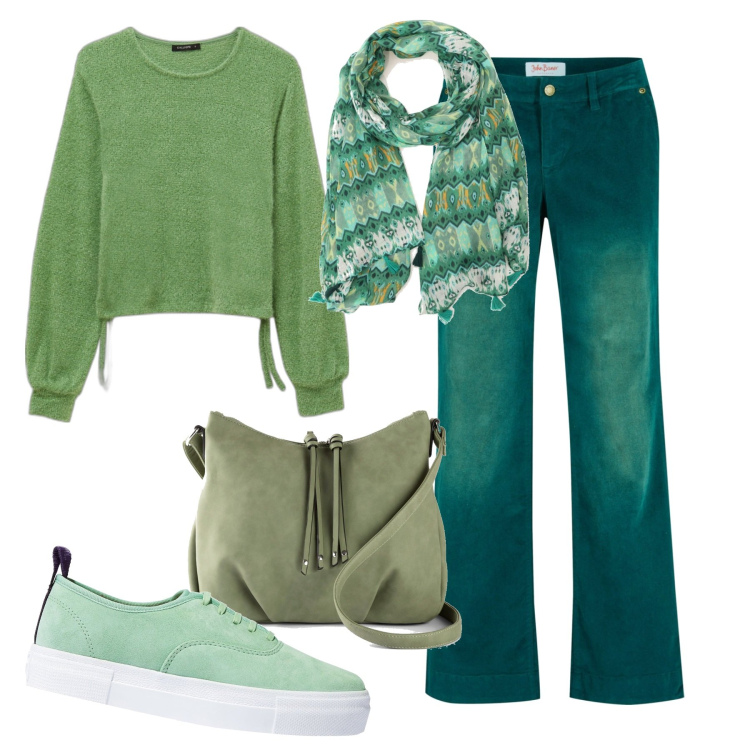 Outfit donna - Verde speranza!. Stile Basic per Scuola/Università. Abbinamento con pantaloni, borse a tracolla, sneakers, foulard, maglieria.