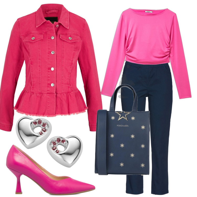 Outfit donna - Il giacchino fucsia. Stile Basic per Tutti i giorni. Abbinamento con pantaloni, giacche, borse a mano, t-shirt, décolleté, orecchini.
