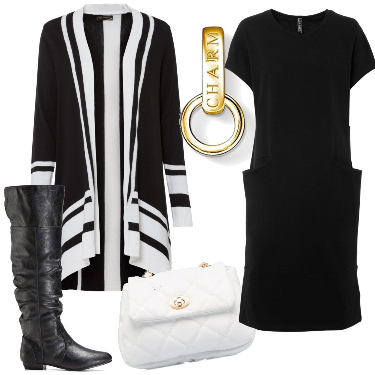 Outfit donna - Minimal #524. Stile Minimal per Ufficio. Abbinamento con stivali sopra il ginocchio, vestiti, cardigans, borse a tracolla, ciondoli.